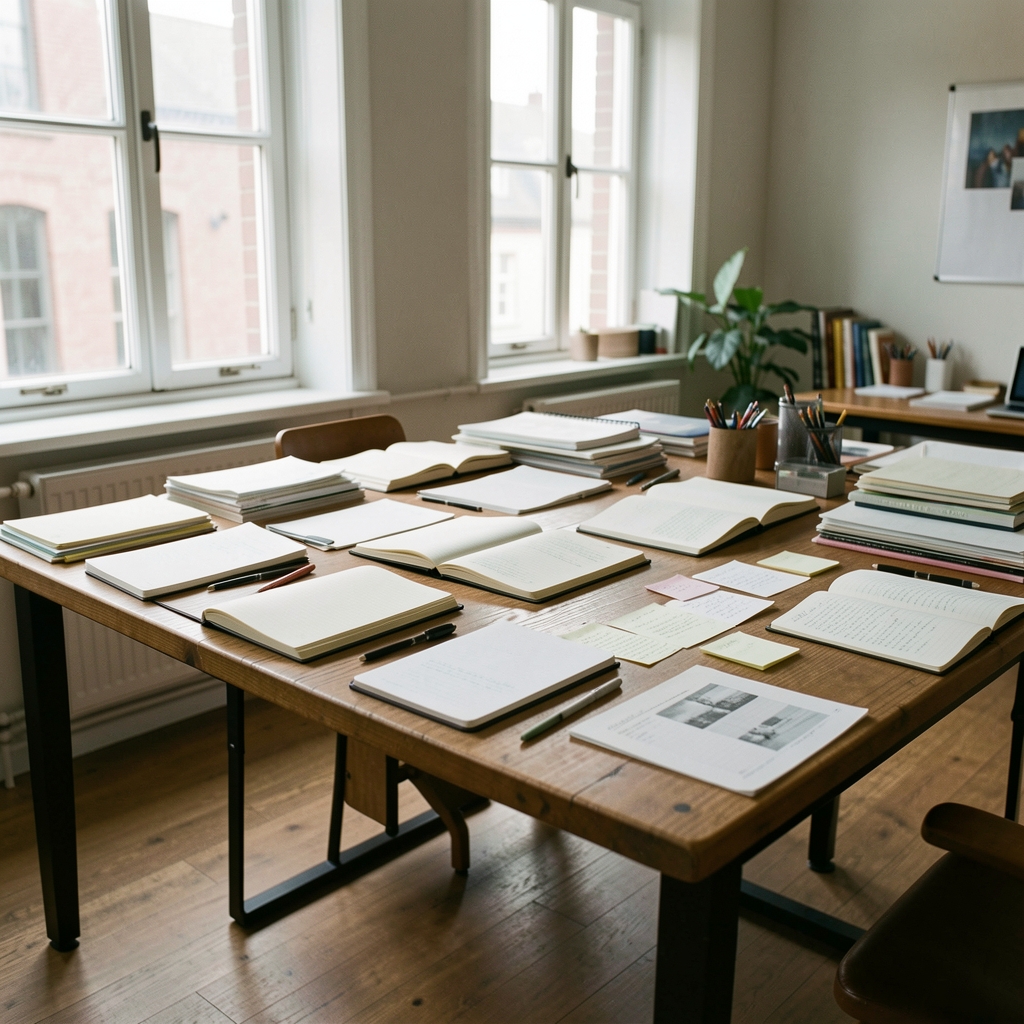 Bright editorial workspace with notebooks, reference materials, and natural window light