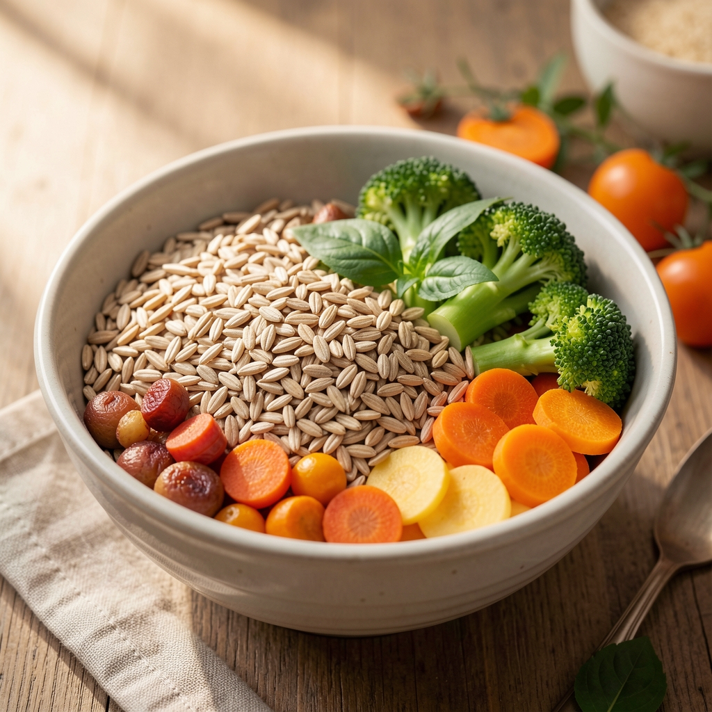 Bowl of whole grains and seasonal vegetables in natural light, editorial food composition