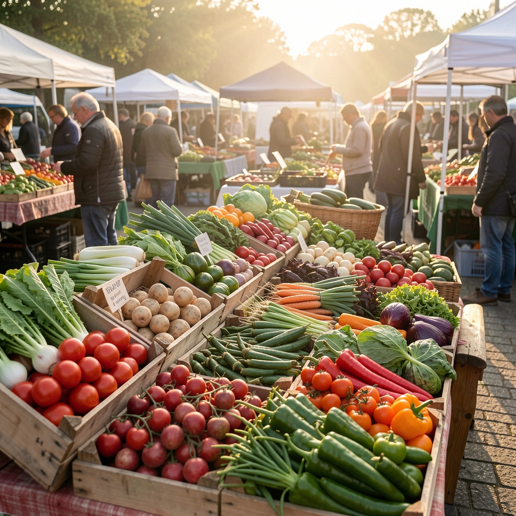 Market produce arranged at an early morning farmers market, seasonal vegetables in wooden crates