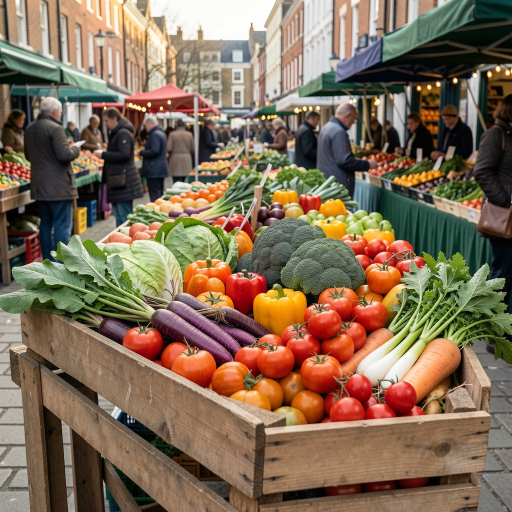 Colourful seasonal vegetables arranged in a wooden crate at a morning farmers market in London