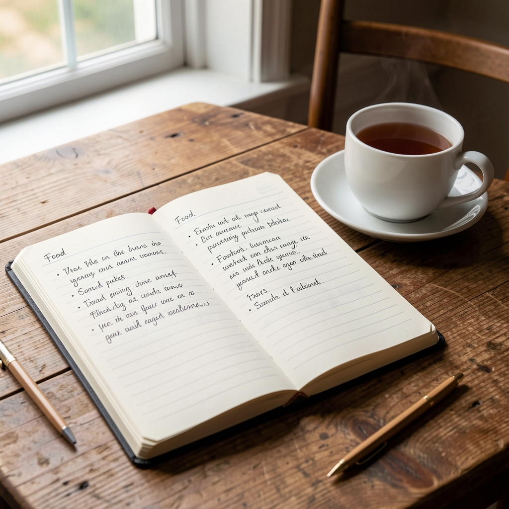 Open notebook on a wooden table with handwritten food notes, a cup of tea alongside, natural window light