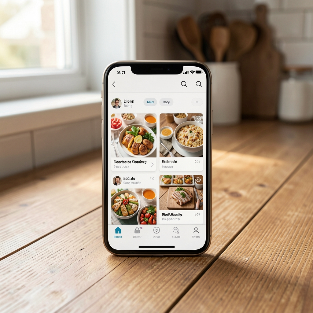 Smartphone placed on a wooden kitchen counter showing a food diary app, soft natural light from window