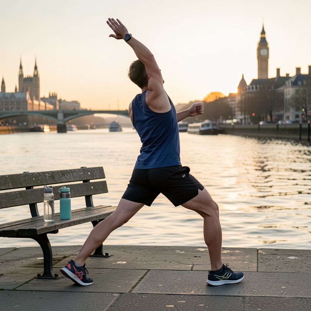 Runner stretching by the Thames embankment at dawn with a water bottle on a bench nearby