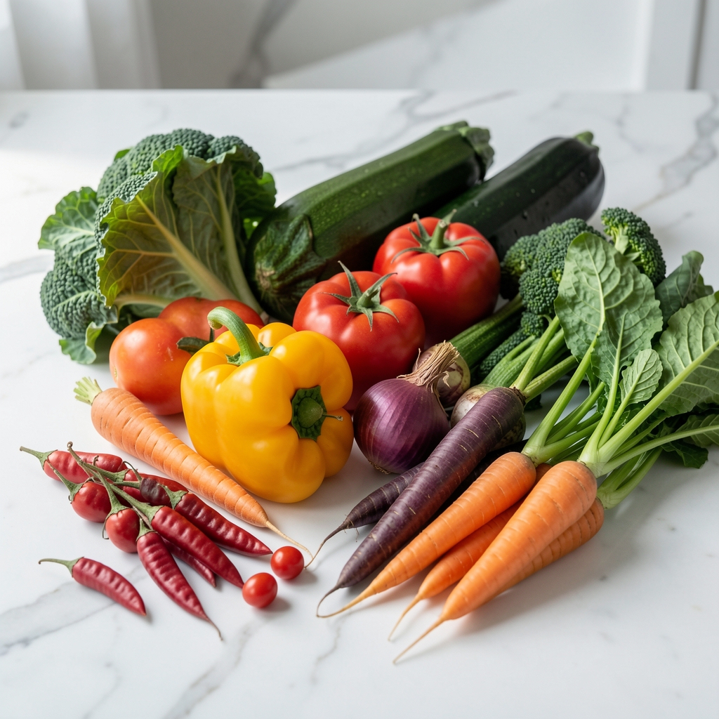 Seasonal vegetables and legumes arranged on a white marble surface with natural side-lighting, editorial food photography