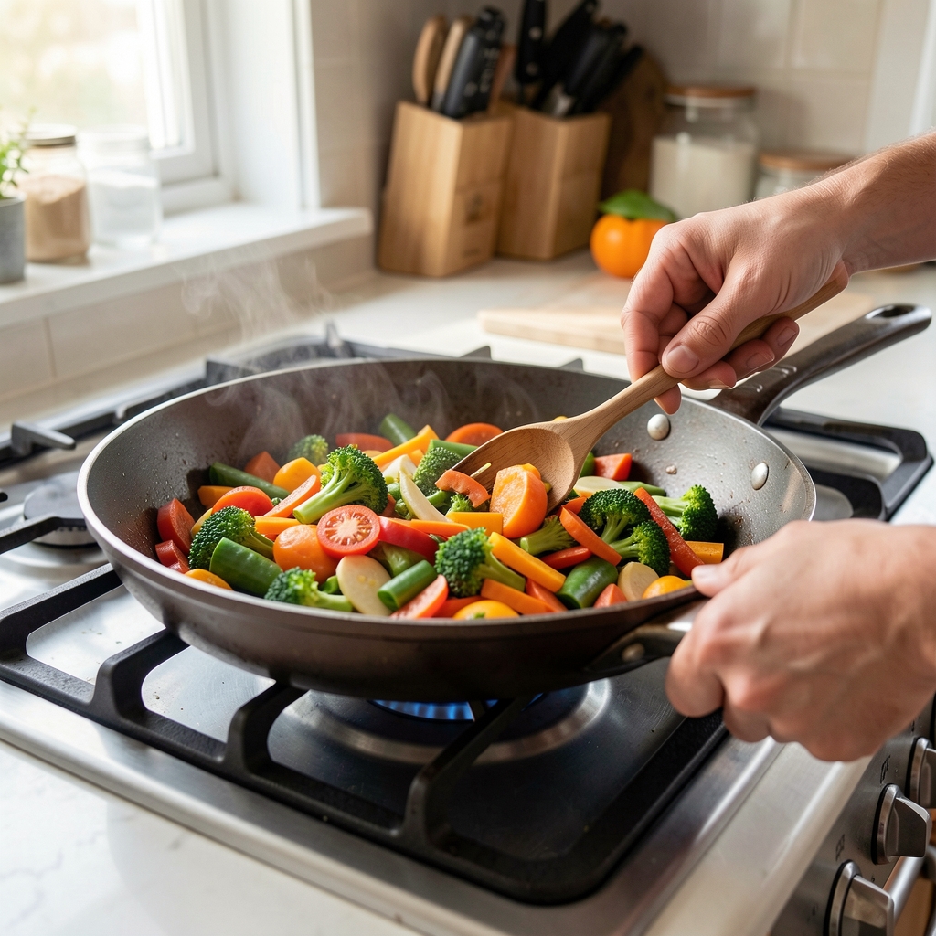 Hands preparing a colourful vegetable stir-fry in a dark pan on a kitchen stove, natural light kitchen setting
