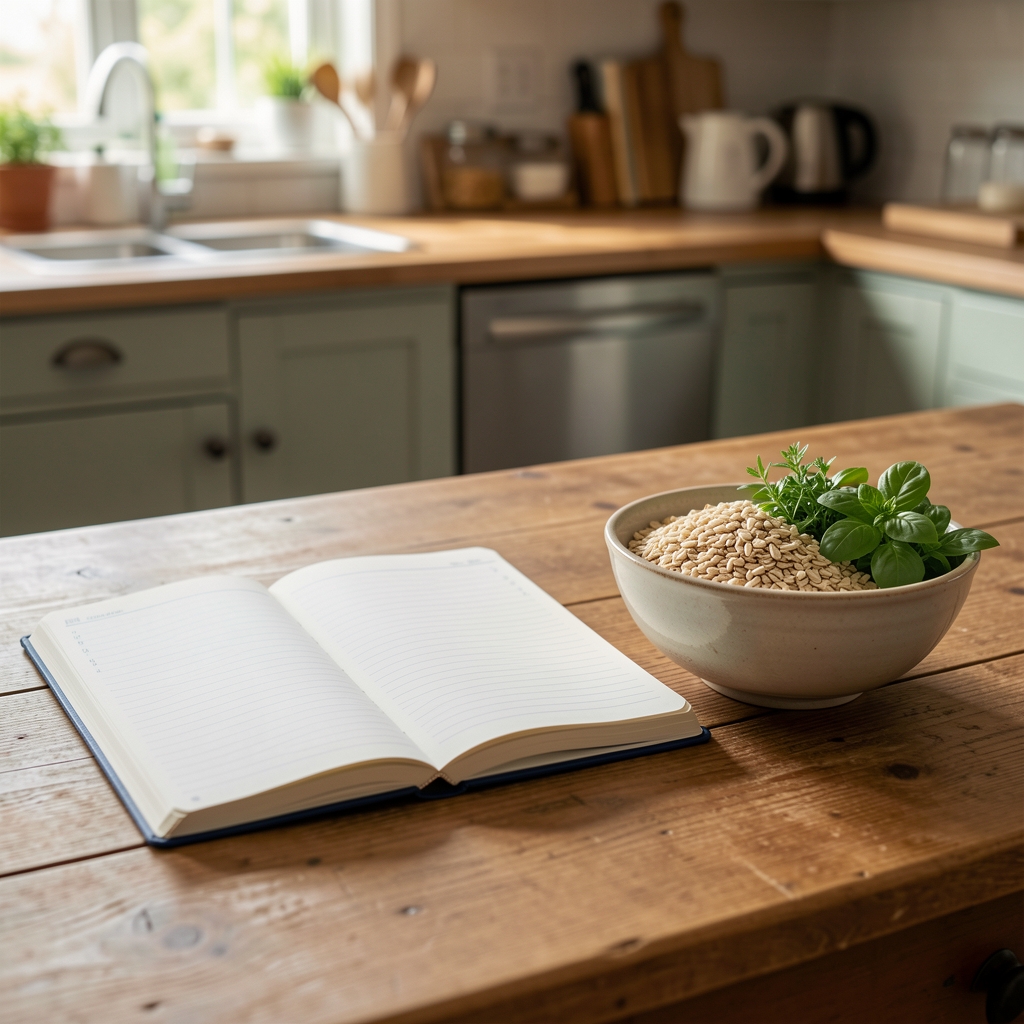 Open food journal notebook beside a bowl of whole grains and fresh herbs on a kitchen table