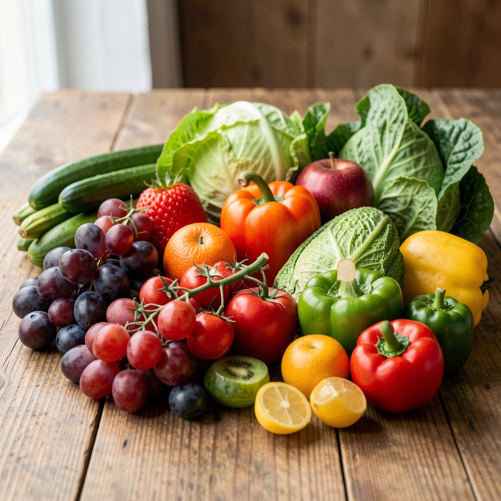Seasonal vegetables and whole grains arranged on a pale linen surface in soft morning light